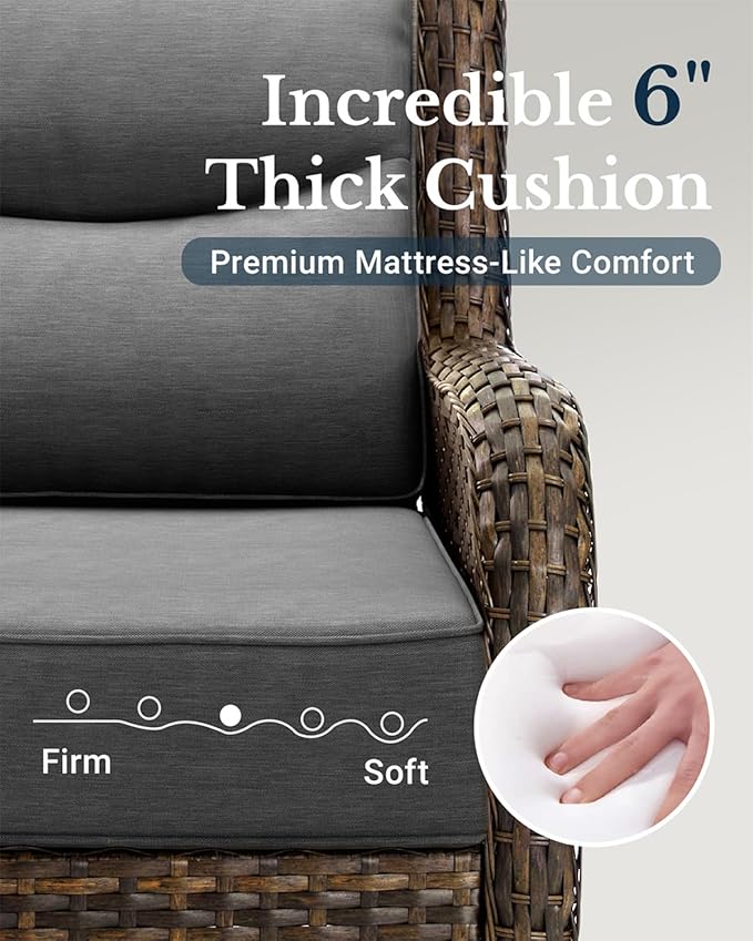 HILLGA Luxury High Back Patio Furniture Set with 6-Inch Thick Cushion, 6-Piece Outdoor Conversation Set with Sofa, Swivel Rocker Chairs & Ottomans, Ideal for Porch Pool Deck Yard (Dark Grey)