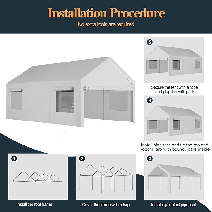 Shintenchi Carport 12' x 20' Heavy Duty Portable Garage, Car Port Canopy with Side-Opening Removable Door & Roll-Up Windows, Car Canopy for Truck,Car,Boat,Motorcycle,White