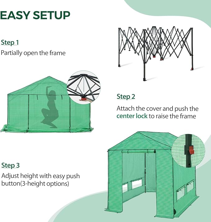 8x8 Pop Up Walk-in Greenhouse, Indoor & Outdoor PE Cover Green House with Power Access Ports, Roll-up Zippered Doors and Windows, Green