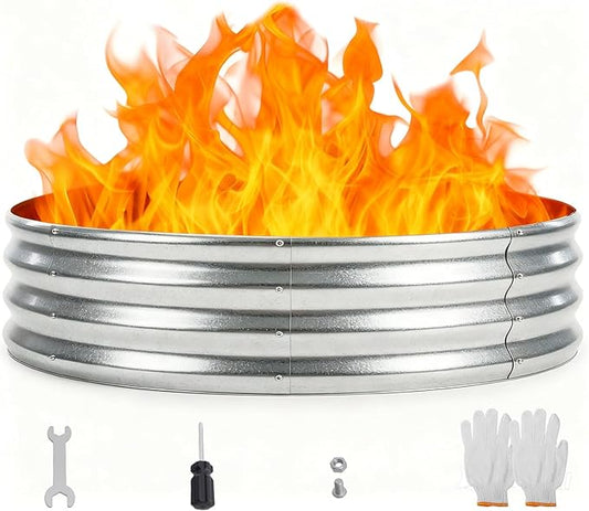 OLIXIS 5FT Round Fire Ring Pit, Outdoor Camp Firepit, Heavy Duty Galvanized Steel 60 Inch Foldable Outside Wood Burning Bonfire Fire Pit Ring for Camping, Backyard, Garden, Beach, Yard Gatherings