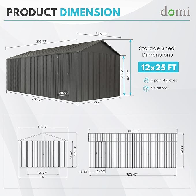 Domi 12'x25' Heavy Duty Garage Shed, Outdoor Metal Steel Carport with Lockable Double, Side Doors, 80MPH Wind and Snow Resistant Enclosed Storage for Cars, Trucks, Motorcycles, Tools, Dark Grey