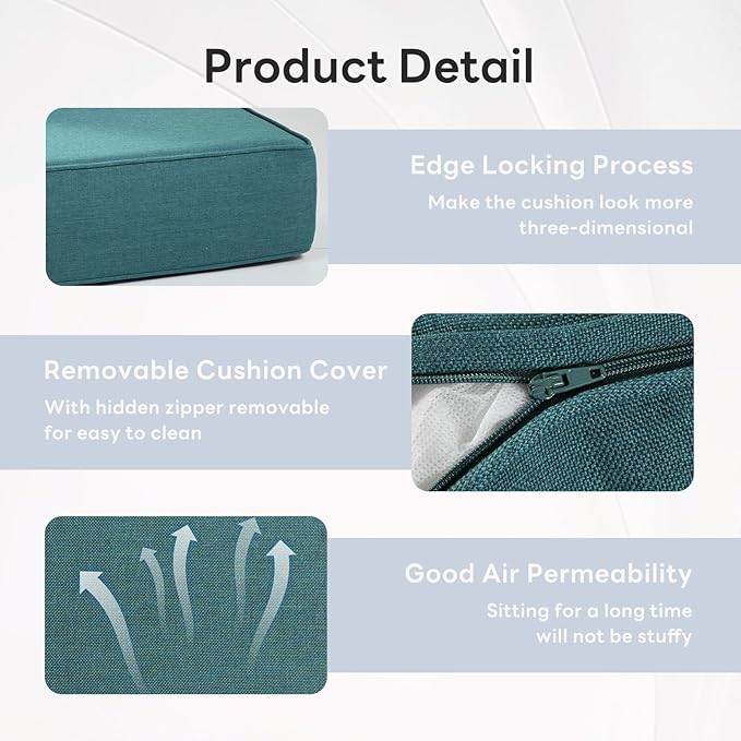 6" Thicker Outdoor Chair Cushion 6 Sets - 24" *24" *6" Waterproof Patio Furniture Cushions with Removable Cover, 28D High Density Sponge Filling Thicken Outdoor Patio Cushions - Peacock Blue
