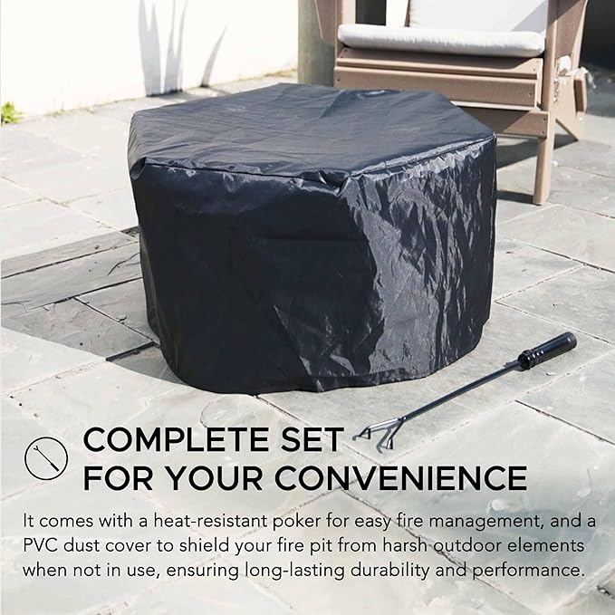 Sunjoy Fire Pit Smokeless 28 in. Hexagonal Outdoor Fire Pit, Patio Wood Burning Smokeless Firepit w/PVC Cover and Fire Poker, Ideal for Camping, Bonfire, and Backyard, Black
