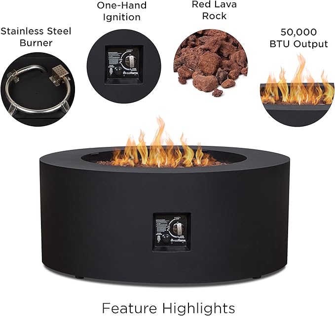 Real Flame Aegean 36" Round Propane or Natural Gas Fire Pit Table, 50,000 BTU, Powder-Coated Steel, Push-Button Ignition, CSA Certified, Lava Rock, Storage Cover, Stainless Steel Burner with Lid