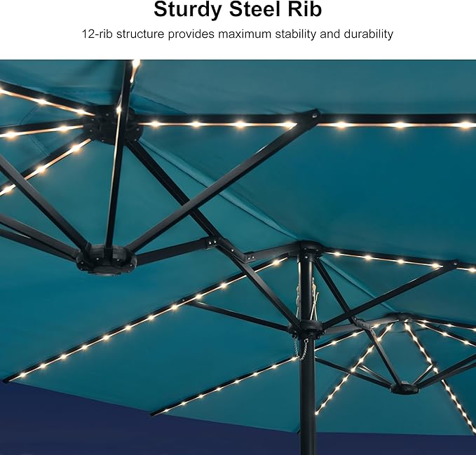 PURPLE LEAF 15ft Patio Market Umbrella with Solar LED and Base Double-Sided Rectangle Outdoor Table Sun Umbrellas with Crank for Pool Beach Deck Backyard Turquoise Blue