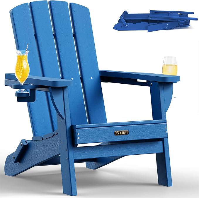 Folding Adirondack Chair, HDPE All-Weather Fire Pit Chairs, Plastic Adirondack Chairs with 2 Cup Holder, Outdoor Lawn Chair for Patio Garden (Royal Blue)