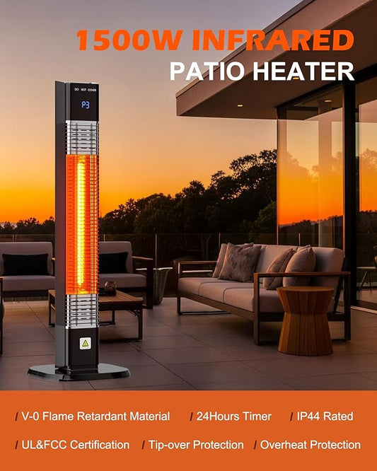 MEPTY 1500W Outdoor Electric Heater, Infrared Patio Heaters for Outdoor Use with Remote&Touch Control, 24H Timer,3 Heat Settings, Quiet,Overheat&Tip-Over Protection for Deck,Balcony,Porch,Backyard