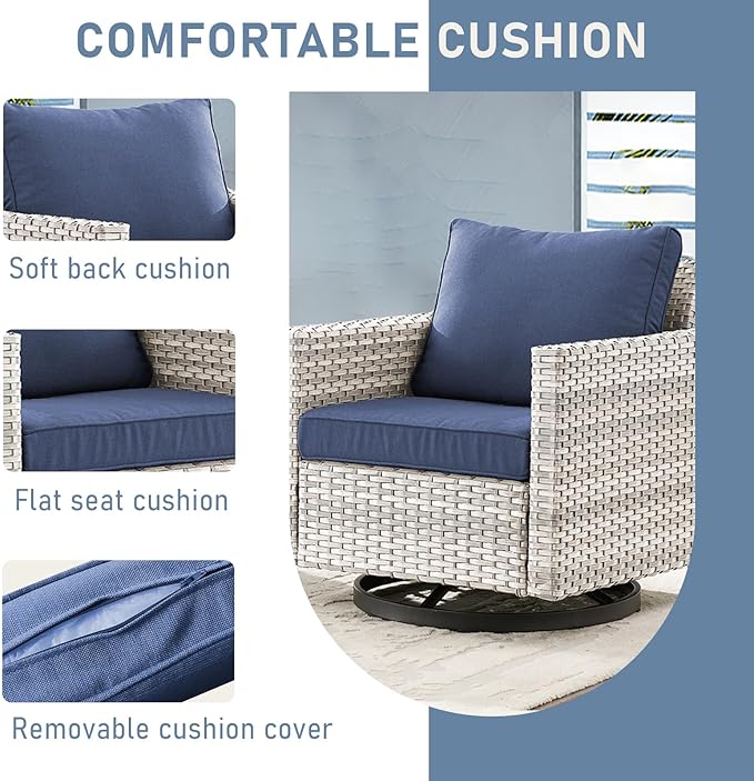 Outdoor Rocker Chairs - Patio Swivel Chair Set, Two Wicker Chairs with One Side Table, Light Grey/Blue