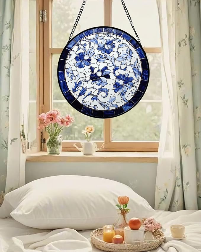 AMDERVEN Stained Glass Window Hanging, Blue and White Abstract Flowers Sun Catcher for Door Home Decor Suncatcher Christmas Mother's Day Birthday Gifts for Women Men Mom and Nana 6.3 in