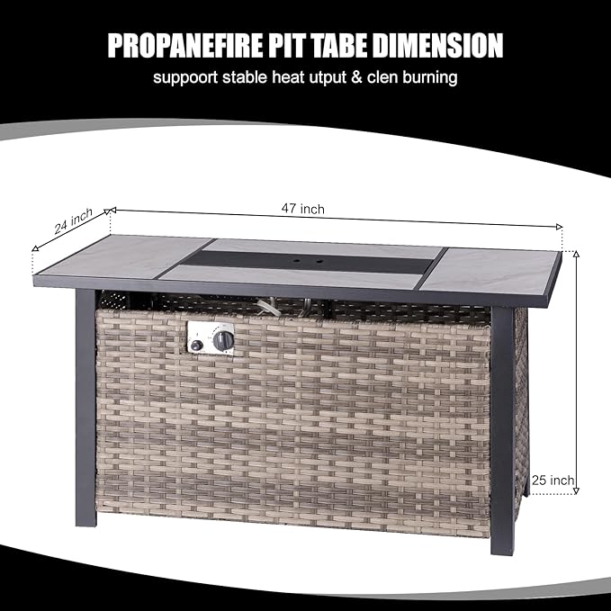 47" Propane Fire Pit Table with Real Ceramic Tabletop & Ratten Side Panel, 50000 BTU Gas Firepit Table with Lid & Lava Stones, Outdoor Fire Pit for Dining or Party, Firepit for Outside, Patio