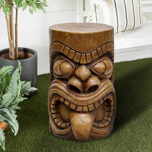 SKYFIRE Outdoor Decorative Sculpture - The Grande Tiki God Kanaloa Teeth Indoor Ornamental Outdoor Table Statues for Garden, Patio, Backyard, Lawn, House, Office Decor -19.6"H Concrete Stool End Table
