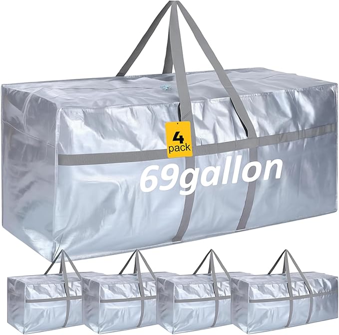 Windyun 4 Pack 69 Gallon Extra Large Storage Bags XXL Moving Bags with Zipper Handles Heavy Duty Jumbo Big Tote Box for Christmas Tree Storage 4, 5, 7.5, 9, 10, 12 ft Skeleton College Dorm(Silver)