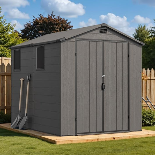 Devoko 6x8 Ft Outdoor Storage Shed - Lockable Resin Tool Shed with Window & Floor - Easy Assembly for Garden, Backyard, Dark Gray
