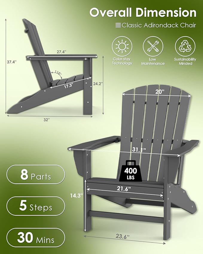 GREENVINES Adirondack Chairs Set of 6 | HDPE Plastic | Oversized Fire Pit Chair | All Weather | Grey | Poly Lumber | for Outdoor Deck Backyard Patio Garden