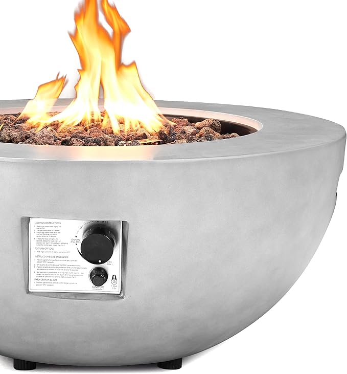 Propane Fire Pit–31.5 Inch Concrete Fire Pit – Outdoor Firepits 50,000 BTU Gas Fireplace CSA Certification w Lid,Lava Rocks for Deck or Patio & Grey