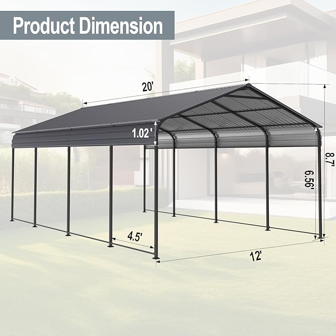 Ball & Cast 12x20 FT Carport with Galvanized Steel Roof, Heavy Duty Metal Carport Canopy, Metal Carport Garage Outdoor Storage Shed for Car, Boats and Truck, Gray