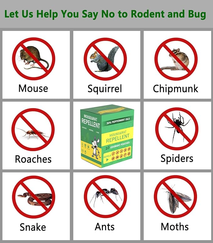 Mouse Repellent Pouches Squirrel Repellent Pouches 10Pack with Peppermint Oil: Natural Rodent Repellent Indoor to Get Rid of Rats, Mice, Squirrels - Rat Repellents for House, Car, and Outdoor