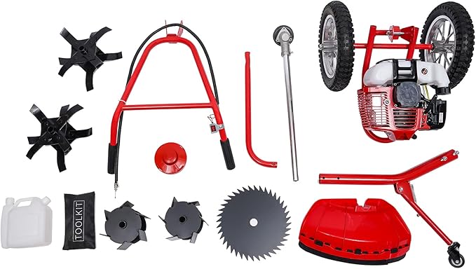 49CC 2 Stroke Walk-Behind Lawn Mower Brush Mower with Wheels 1.8Kw Gasoline Hand Push Grass Trimmer for Orchards Vegetable Fields Gardens Lawns, 3 Functions