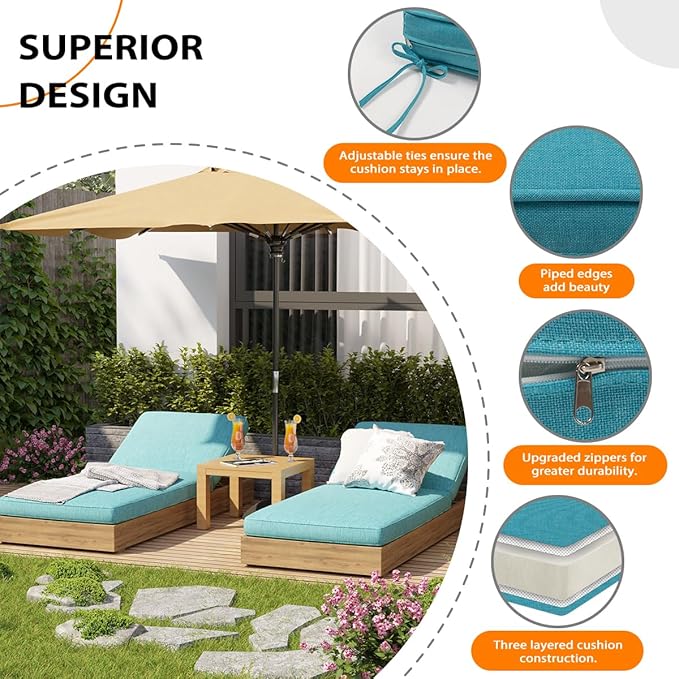 Sundale Outdoor Olefin Chaise Lounge Cushion Set of 2, Water-Resistant Patio Lounge Chair Cushion, Thick Lounger Pad with 4 Straps Teal, 72 x 21 x 4 Inches
