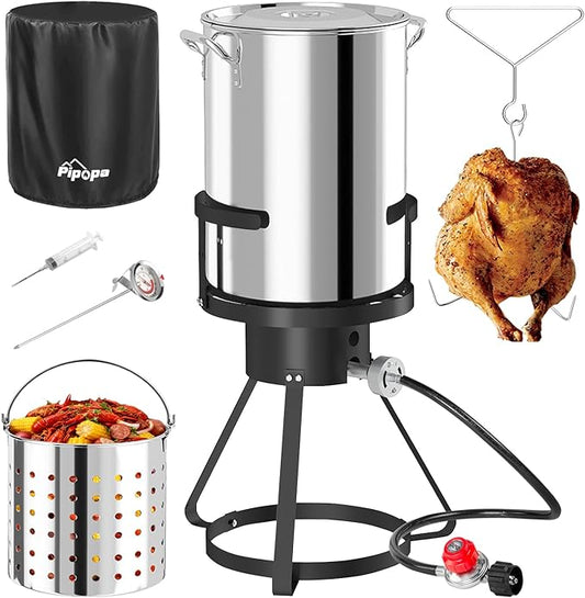 30QT Stainless Steel Turkey Fryer | Seafood & Crawfish Boiler | Basket, Cover & Skimmer Included | 50,000BTU Propane Burner | Perfect Fryer Kit for Holiday and Seasonal Cooking