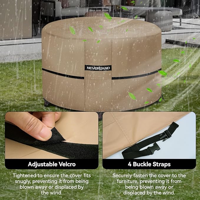 NEVERLAND Fire Pit Cover Round 32 Inch，Waterproof Outdoor Firepit Covers Round for 28-32 Inches 600D Oxford Heavy Duty Patio Gas Fire Pit Covers with 4 Buckle Straps and Air Vents, 32 x 16 Inch Golden