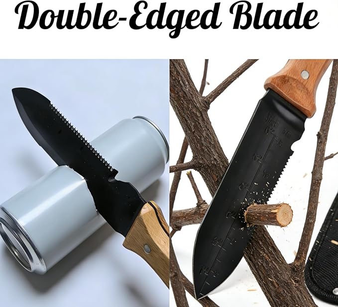 Hori Hori Garden Knife -Stainless Steel Blade with Oxford Sheath, Multi-Purpose Gardening Tool for Weeding, Digging, Planting, Cutting, Ergonomic Wooden Handle with Hanging Hole Gardening Hand Tools