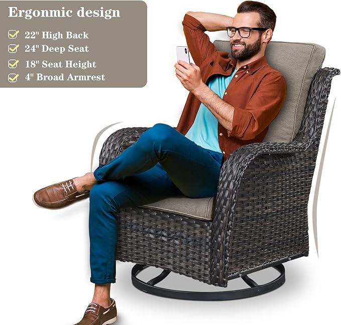 Belord Outdoor Patio Furniture Set with 50000BTU Propane Fire Pit Table, 4 Pieces Wicker Patio Conversation Set with 2 Swivel Rocker Glider Chairs Rattan Sofa Grey Cushion Perfect for Gathering
