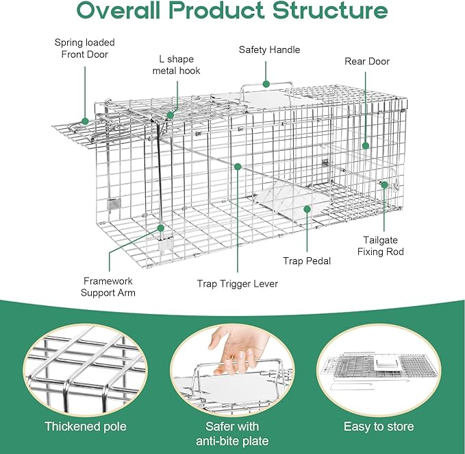 Humane Live Animal Trap Cage 32" × 13" × 11",Heavy-Duty Live Catch Cage for Raccoon, Squirrel, Stray Cats, Groundhogs, Armadillos, Opossums, Rabbits, Skunk, Mole, Small Wildlife Control