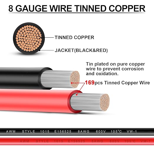 8 Gauge Wire - iGreely 10 FT Red & 10 FT Black 8 Gauge Tinned Copper Electrical Wire Cable for Car Audio Automotive Trailer Marine Harness Wiring 8AWG 10Ft
