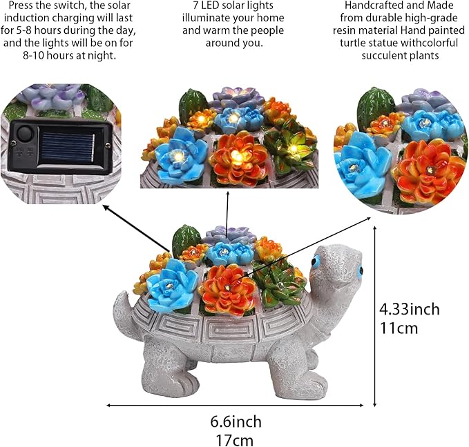 Solar Garden Turtle Statues 7 LED Lights Outdoor Decor Turtle with Succulent Resin Sculpture Patio Porch Balcony Yard Lawn Art Decor Birthday Father's Day Gifts for Women Grandma Housewarming Gifts