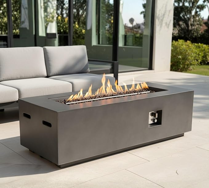 60-Inch Rectangular Propane Fire Pit Table, 60,000 BTU Concrete Outdoor Gas Fire Pit Table with Waterproof Cover, Tank Seat, Free Lava Rocks, for Outside Patio Backyard, Dark Grey