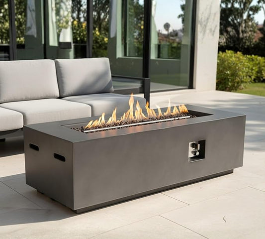 60-Inch Rectangular Propane Fire Pit Table, 60,000 BTU Concrete Outdoor Gas Fire Pit Table with Waterproof Cover, Tank Seat, Free Lava Rocks, for Outside Patio Backyard, Dark Grey