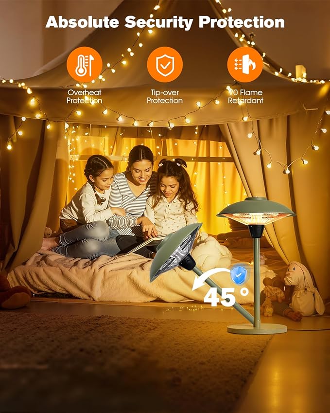Electric Patio Heater, 1500W Tabletop Infrared Heaters for Indoor Oudoor Use, IP55 Waterproof, Tip-over & Overheating Protection, Quiet Operation, Perfect for Garden, Balcony, Garage, Backyard