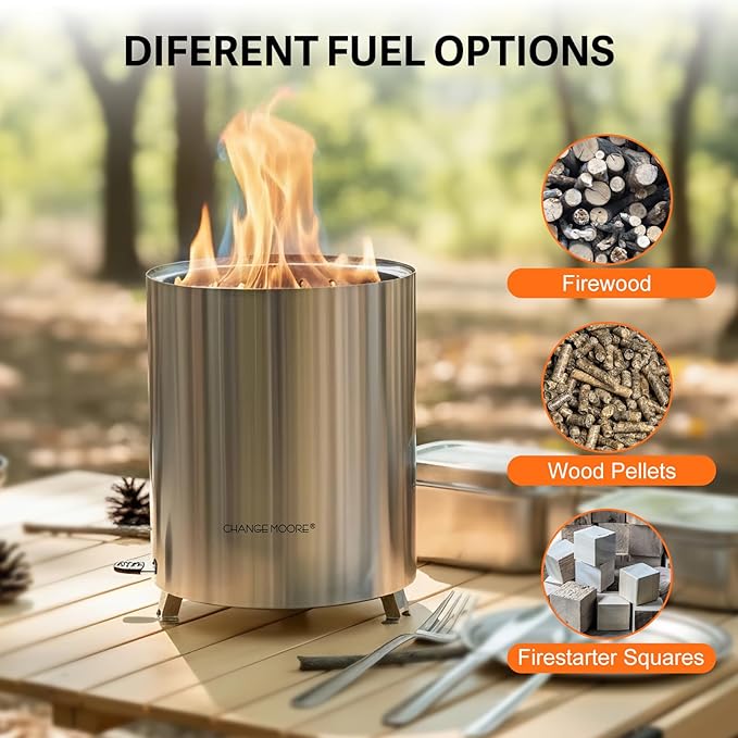 CHANGE MOORE Table Fire Pit Set, Portable Smokeless Firepit with Flodable Stand, Secondary Burn Fueled by Pellets or Wood, 201 Stainless Steel Table Top Firepit for Patio, Camping, Backyard