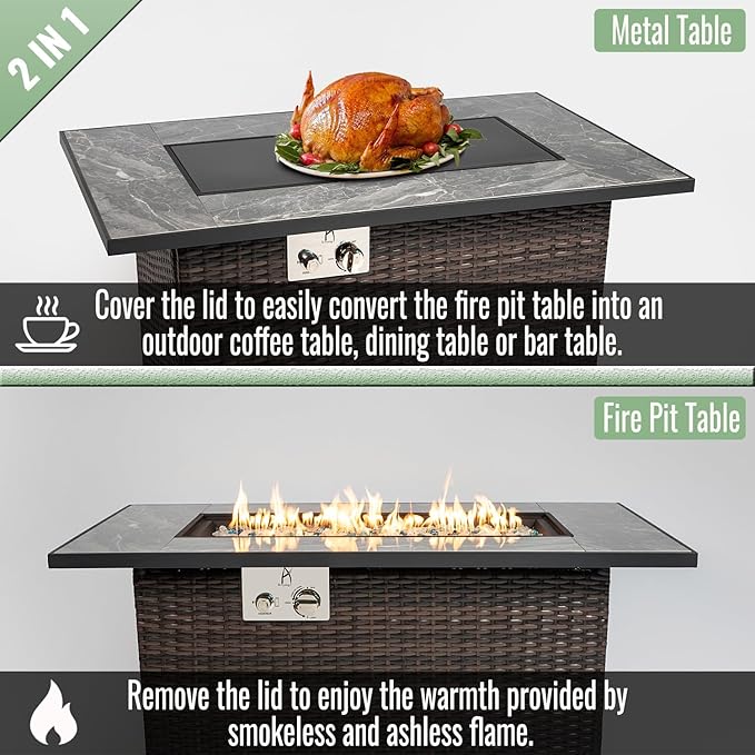 Outdoor Propane Fire Pit Table for Outside Patio, 43 Inch Wicker Firepits for Outside, Rectangle Gas Fire Pit for Garden, Pool, Backyard, 50,000 BTU, Tank Inside, Espresso Color