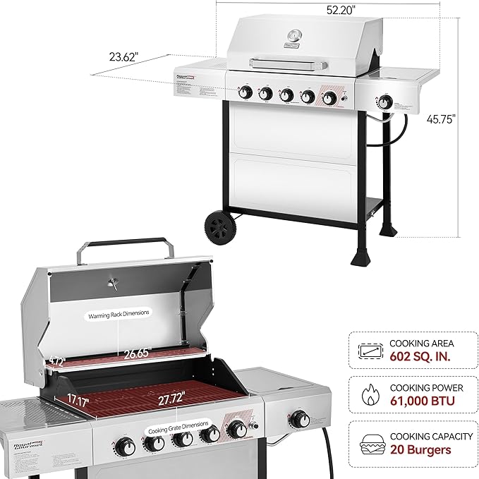 Royal Gourmet GA5401T 5 Burner Propane Gas Grill with Side Burner and Sear Burner, Stainless Steel Gas BBQ Grill with 61,000 BTUs Output for Barbecue Grilling & Backyard Cooking, Silver