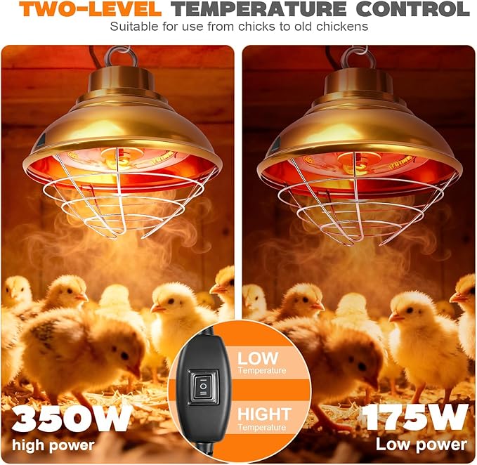 Chicken Heat Lamp 350W,Chicken Coop Heater with Carbon Fiber Bulb,Winter Hanging Heat Lamp for Chicks Brooder,Two-Temperature Adjustable (175/350W) for Puppy,Kitten and Poultry