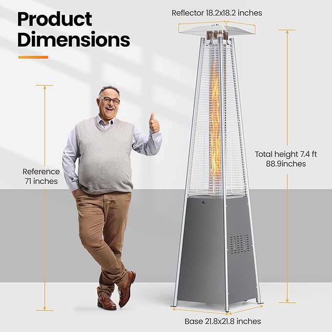 Pyramid Propane Patio Heater, 48,000 BTU Outdoor Patio Heater with Glass Tube Flame & Cover, CSA Certified Gas Heater for Backyard, Garden, Restaurant (1 Heater)