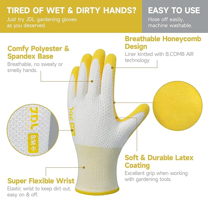 JDL Gardening Gloves for Women, 6 Pairs Breathable Latex Coated Yard Garden Gloves, Rubber Outdoor Protective Work Gloves with Grip, Multiple Colors, Large Size