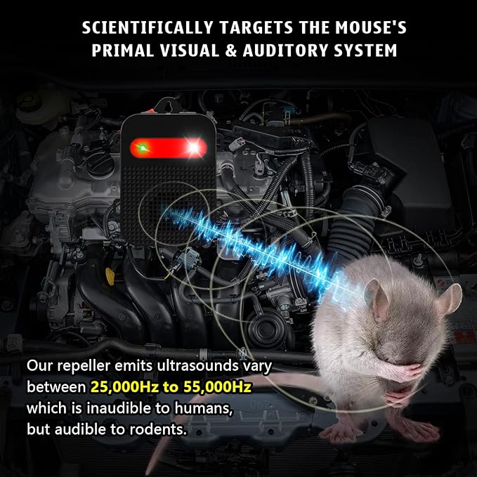 Under Hood Rodent Repeller Ultrasonic Mouse Repellent Battery Operated Pest Repeller Rat Mice Deterrent Rodent Repellent for Car Engine Garage RV Basement Attic 2 Pack Humane