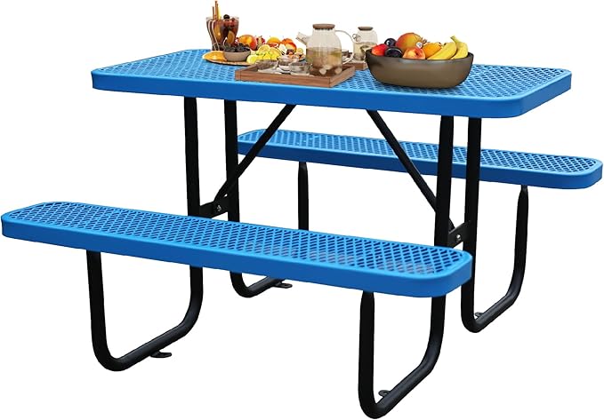 4FT Metal Picnic Tables for Outdoors, Commercial Rectangular Picnic Table and Bench Set for Outside, Patio, Garden, Backyard, Porch, Surface Mount, Blue