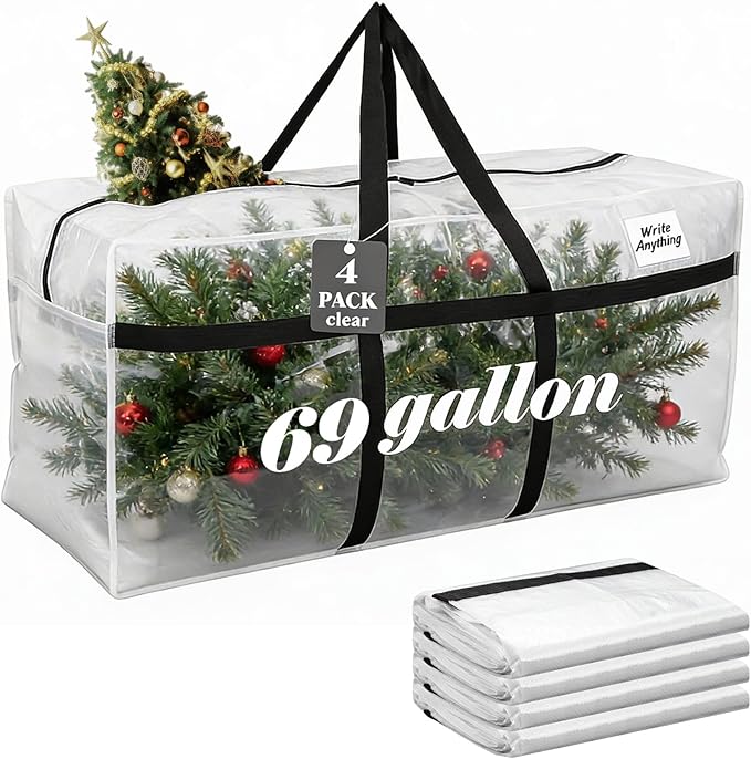Windyun 4 Pack 69 Gallon Extra Large Storage Bags XXL Moving Bags with Zipper Handle Heavy Duty Jumbo Big Tote Box for Christmas Tree Storage 4, 5, 7.5, 9, 10, 12 ft Skeleton College Dorm(Transparent)