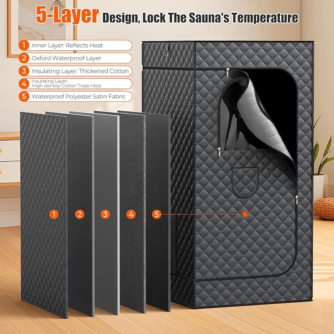 2025 Upgraded Steam Sauna Box for Home, 15 Levels Precision Temp 3L 1200W Tank, Folding Chair, Fast Setup Indoor Saunas for Muscle Relief & Detox, Compact Sauna Spa for Family Relaxation