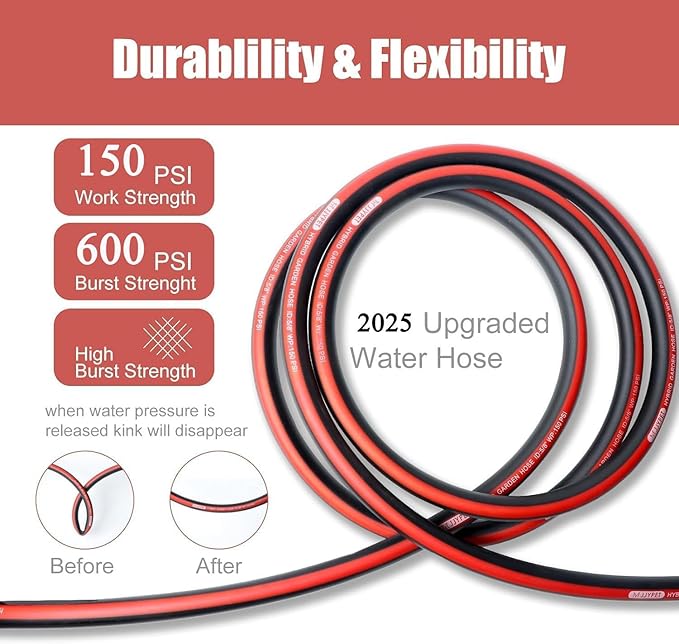Kink Free Garden Hose 5/8 in x75ft Flexible Rubber Water Hose Male/Female3/4inch100% Solid Brass Fittings Outdoor Garden Hose for Lawns,Floor,Yard Washing,Pet Cleaning,Car Pipe Washing(75FT)