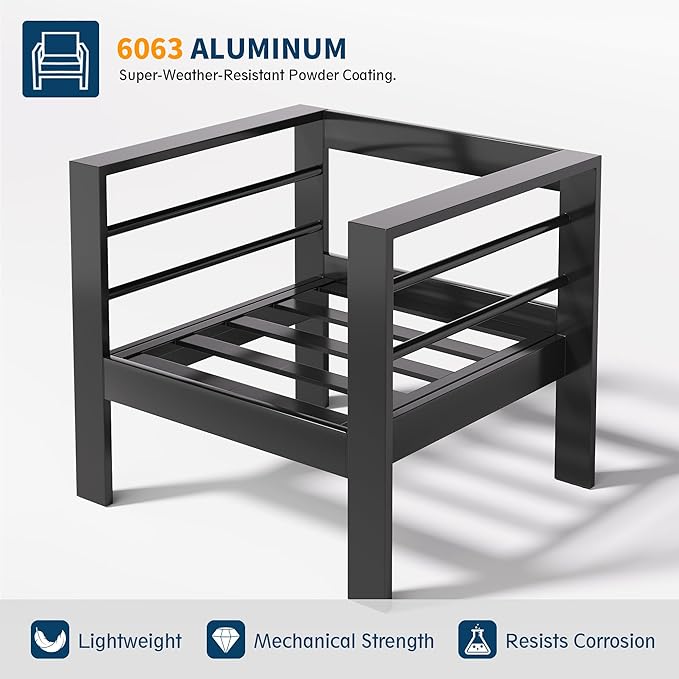 UDPATIO 6 Piece Aluminum Patio Furniture Set, Oversized Modern Outdoor Furniture Set with Olefin Fabric Cushion for Patio Deck Backyard, Dark Grey(with Waterproof Covers)