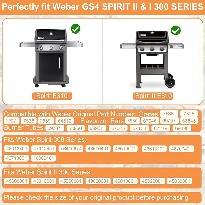 GS4 Spirit 2 Parts for Weber Spirit Grill Parts Spirit II/I 300 SER Replacement Accessories for Weber 67046 7636 69797 68843 3400302 Flavor Bar,67025 69787 Burner,7638 Grate&Crossover Tube 69899 67278