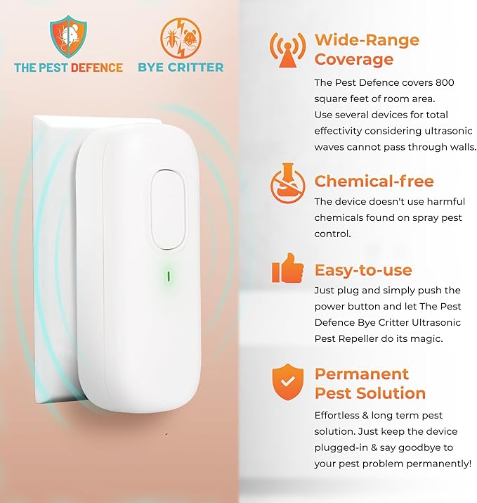 Pest Defence Ultrasonic Pest Repeller, Bye Critter Ultrasonic Pest Repeller Plug-in Mouse Repellent for Home – Repels Mice, Spiders, Rodents, Cockroaches, and Ants – Eco-Friendly, Chemical-Free
