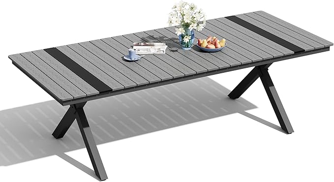 Pellebant 94" Outdoor Dining Table for 6-8, Aluminum Patio Dining Table with Umbrella Hole, Waterproof Wood-Like Tabletop for Lawn Garden Backyard, Grey