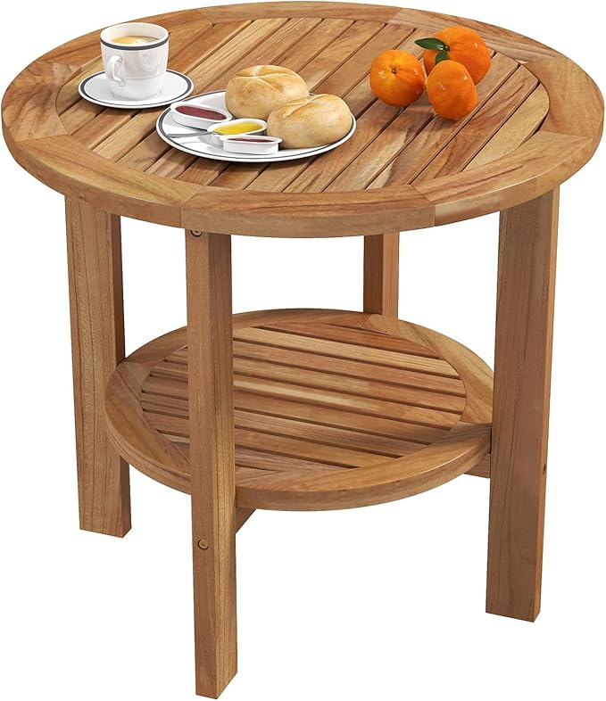 Tangkula Outdoor Round Side Table, 19.5 Inches Teak Wood Patio Table with Slatted Tabletop & Storage Shelf, 2-Tier Heavy Duty Small End Table for Backyard, Porch, Deck, Yard, Garden, Natural