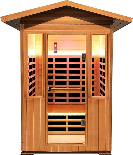 Outdoor Sauna 2 Person Sauna Infrared Sauna 2-Person for Home 1800w Outdoor Saunas for Home Canadian Hemlock and Red Cedar Wood Sauna Outdoor Two Person Far Infrared Sauna Low EMF for Backyard